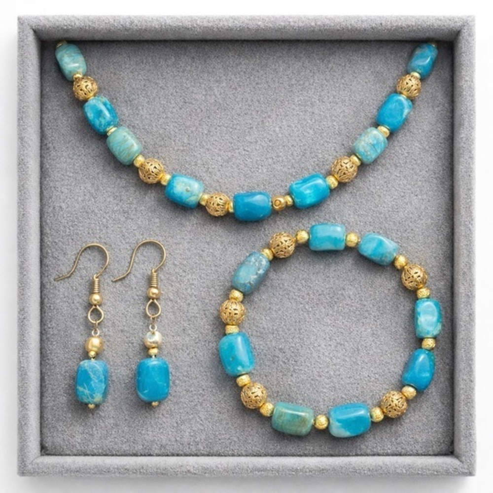 Handmade Faux Turquoise Necklace Bracelet Earring Set | Goldtone #155